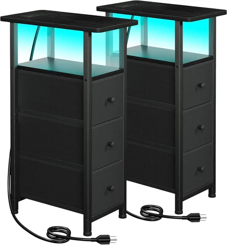 Narrow End Tables Living Room Set of 2 with Charging Station, Skinny Side Table with Fabric Drawers, Slim LED Nightstand for Bedroom, Small Spaces,