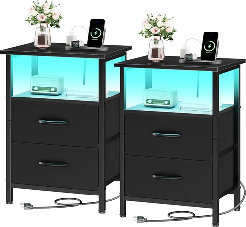 Vista 10 de Vagusicc Nightstand with Charging Station, End Table Bedside Table with 2 Fabric Drawers, Black Night Stand with USB Ports & Outlets, 24.2" Tall Bed