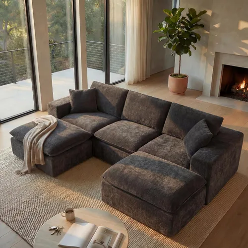 Vista 17 de Sofá nube modular en forma de L de 110 pulgadas con otomana móvil, cómodo sofá de 4 asientos de chenilla sin hueso con asiento profundo para sala