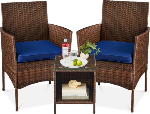 Vista 27 de Best Choice Products - Juego de 3 piezas de muebles de mimbre para conversación de patio, ahorrador de espacio, para jardín, con mesa auxiliar