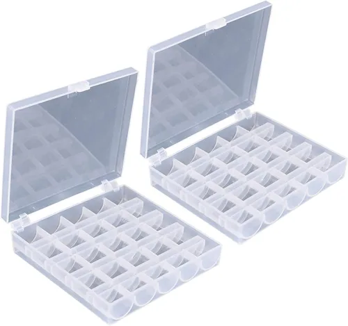 AKIRO Caja de bobinas vacías con 25 ranuras, caja de almacenamiento de plástico para máquina de coser, paquete de 2