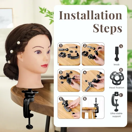 Vista 6 de Cabeza de maniquí de 28 pulgadas con 80% cabello real, cabeza de muñeca de práctica de maniquí de cosmetología, cabeza de trenzado con soporte
