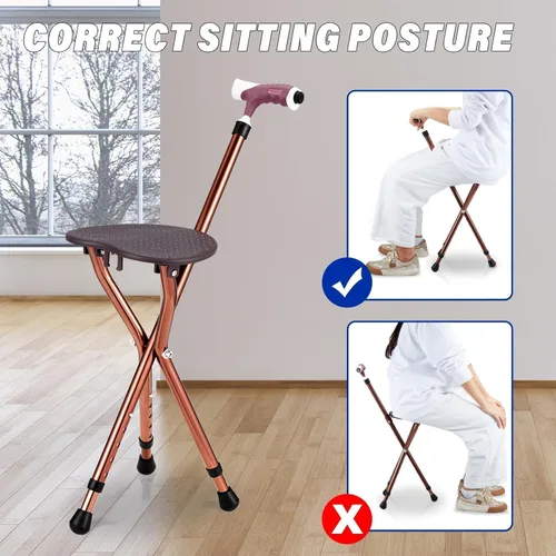 Vista 3 de Combo de asiento de caña plegable, capacidad de 400 libras, práctico taburete plegable con muleta, asiento de 3 patas, altura ajustable, resistente