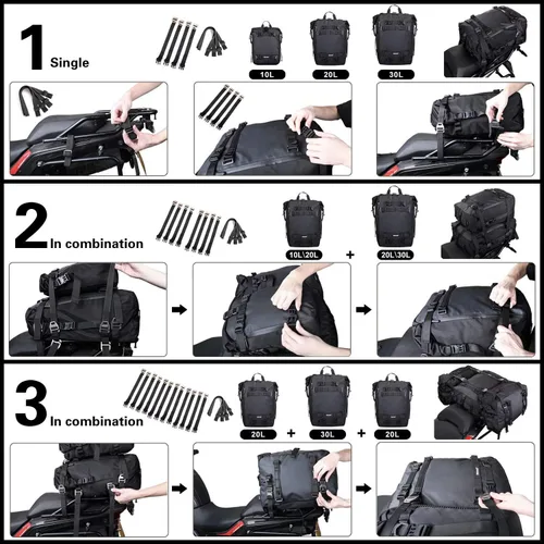 Vista 6 de Rhinowalk Bolsa de alforja para motocicleta 10/20/30L Multifuncional impermeable para asiento trasero, bolsa de maletero