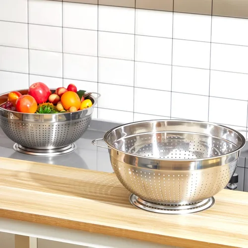 Vista 6 de Maxdot Paquete de 2 coladores de acero inoxidable resistentes de 12 cuartos de galón con base y asas para pasta, espagueti, bayas, frutas, verduras