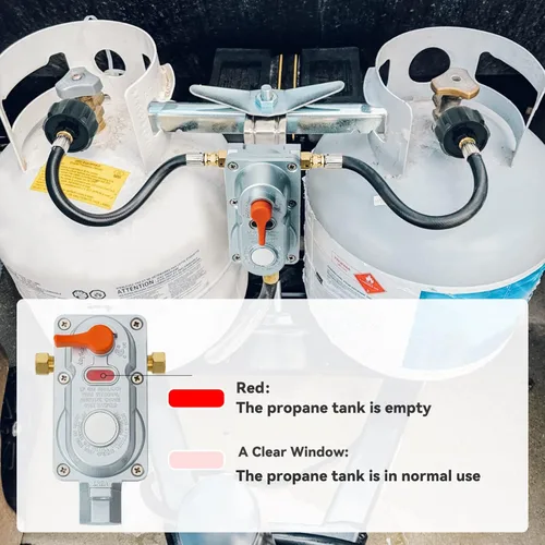 Vista 3 de Skyflame Regulador de propano RV para tanques duales, regulador LP de cambio automático de 2 etapas con 2 piezas coletas de 12 pulgadas