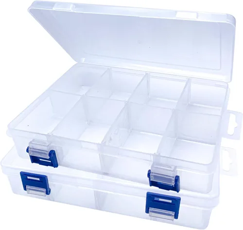 2 cajas de almacenamiento de plástico transparente de 8 rejillas con divisores ajustables, apilables, 8 compartimentos, caja organizadora pequeña