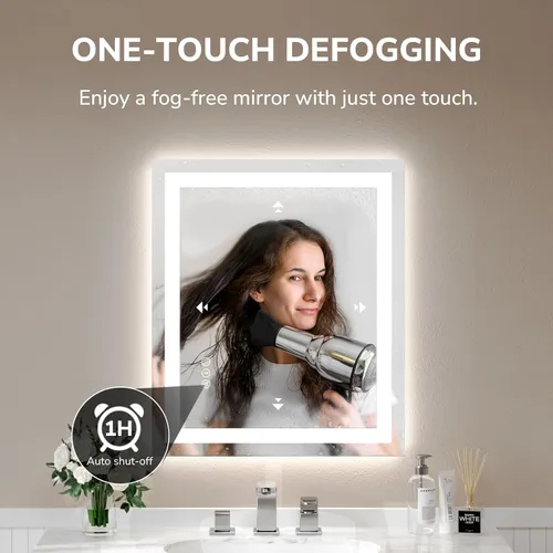 Vista 3 de USHOWER Espejo de baño LED de 20x28 pulgadas de vidrio templado - Espejo iluminado con luz LED retroiluminada sin marco para tocador de baño