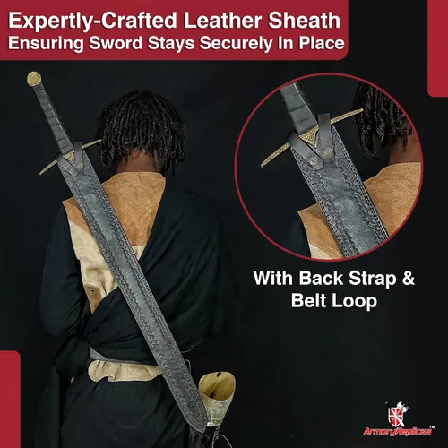 Vista 5 de s™ Viking Einherjar Espada de espiga completa - Hoja de acero de Damasco (400-520 capas) con mango envuelto en cuero, protector de latón y pomo
