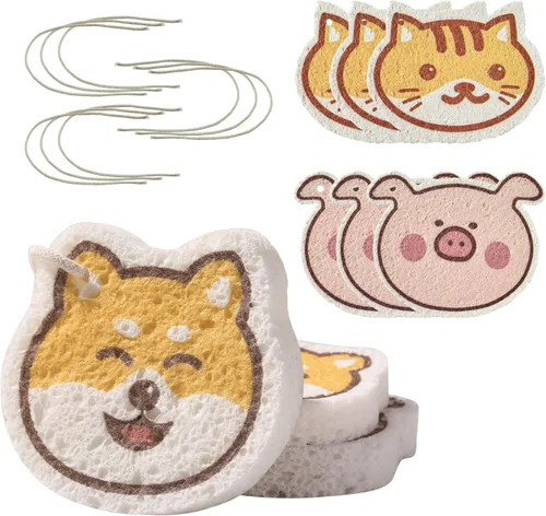 Vista 30 de JOYMOOP Esponja de cocina de dibujos animados, esponjas de celulosa para limpieza, esponjas antiarañazos para lavar platos, esponja reutilizable