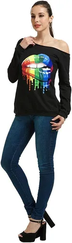Vista 5 de Magicmk - Sudadera de hombro descubierto y mangas largas, con estampado de labios de mujer, en talla extragrande, para mujer