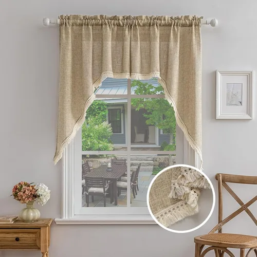 Vista 19 de Beda Home - Cenefas de lino texturizado con borlas para cocina de granjas; decoración rústica con filtro de luz para ventanas pequeñas, dormitorio