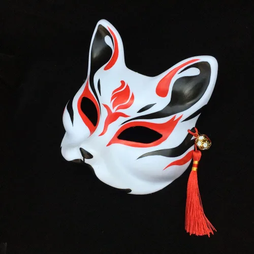 Vista 6 de Kitsune Mask Máscaras Kabuki para disfraz de disfraz de zorro y medio gato, accesorios de decoración de pared