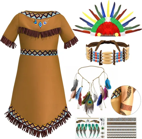 Latocos 6 Pcs Girls Native American Costume Set Indian Princess Dress Outfit for Kids Cosplay Dress Up Pretend Play