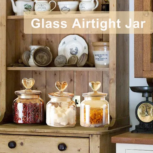 Vista 2 de BigNoseDeer Tarros de vidrio en forma de corazón de 22 onzas con tapa hermética para cocina, recipientes de almacenamiento de alimentos, contenedor