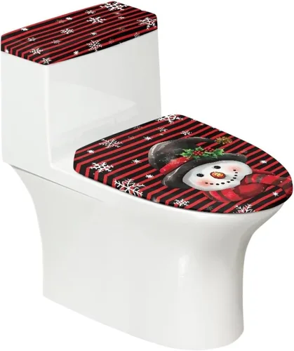 Vista 32 de Tapa de inodoro y tapa de tanque de cane Candy - Estampado de copo de nieve, elastano elástico lavable, decoración de Año Nuevo