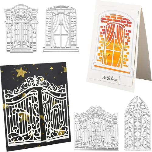 ORIGACH 4 piezas de marco de ventana para puerta, fondo de encaje, troquelados, plantillas en relieve, molde de plantilla para álbumes de recortes,