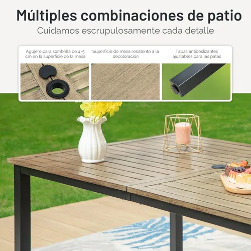 Vista 9 de PHI VILLA Juego de comedor al aire libre de 7 piezas para 6, mesa rectangular de hierro forjado de 152 cm con orificio para sombrilla y sillas