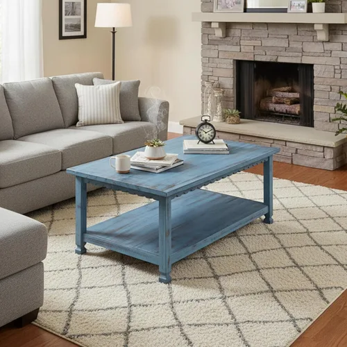 Vista 6 de Mesa de centro rectangular rústica, 42 pulgadas de ancho x 24 pulgadas de profundidad x 18 pulgadas de alto, sala de estar azul antiguo, con (1) 36