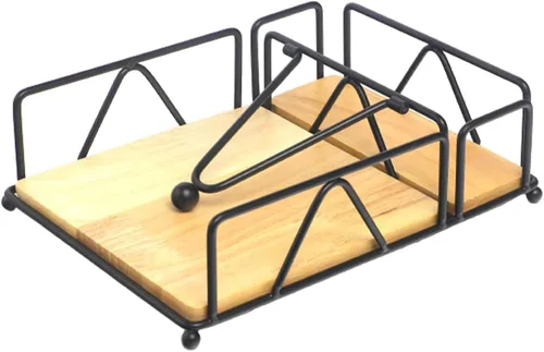 Vista 12 de Napkin Holder for Table, Square Metal Napkin Holder with Weight Arm Freestanding Paper Tissue Dispenser with Wooden Base for Dinning Kitchen Black