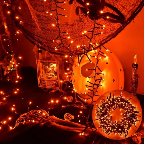 Vista 8 de Guirnalda de 400 luces LED moradas de Halloween, 19.7 pies, 8 modos, impermeable, para interiores y exteriores, Halloween, Navidad, guirnalda