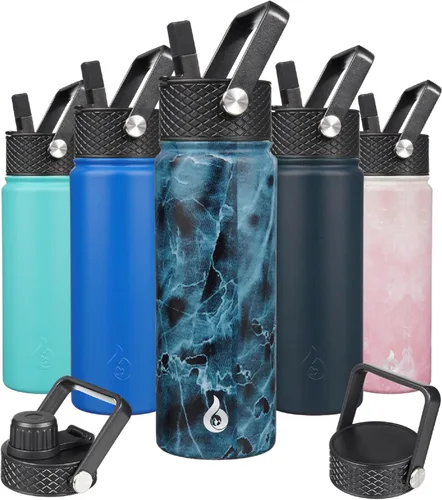 Vista 83 de BJPKPK - Botellas de agua aisladas con tapa de popote, botella de agua de acero inoxidable de 27 onzas con 3 tapas, termo de metal libre de BPA a
