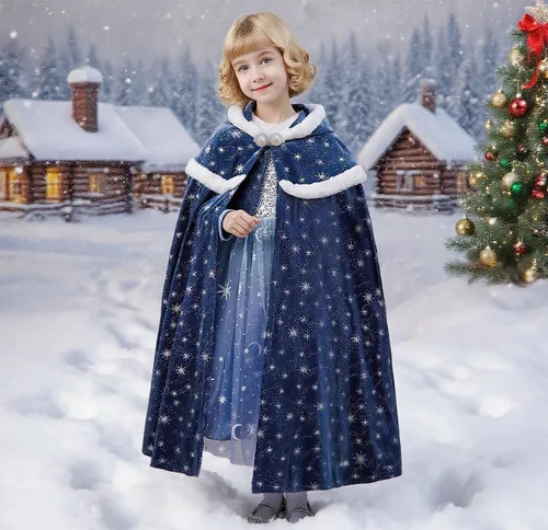 Vista 3 de Capa de Terciopelo para Niñas Elsa, Capa para Niños Pequeños con Capucha, Vestido de Disfraz Infantil