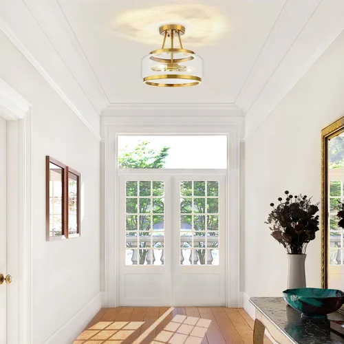 Vista 3 de Lámpara de techo semiempotrada dorada de 11.81 pulgadas, moderna lámpara de techo de tambor de cristal, lámpara de techo de 3 luces para pasillo