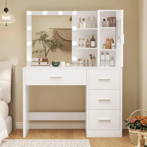 Vista 9 de usikey Tocador de maquillaje con luces, tocador con espejo y 10 luces LED, tocador para niñas con 4 cajones, armario y 4 ganchos para collares