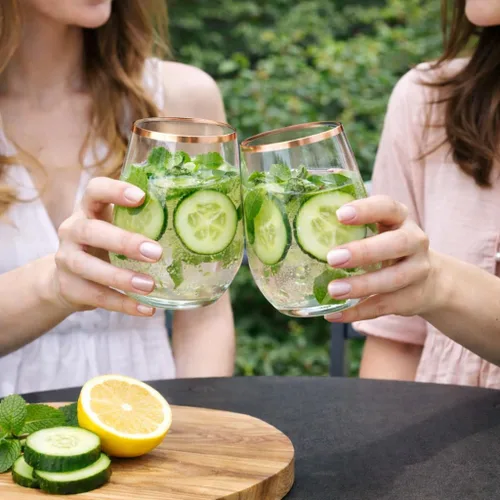Vista 6 de Oojami Paquete de 48 copas de vino pequeñas de plástico sin tallo de 10 onzas con borde de oro rosa, desechables, inastillables, vasos transparentes