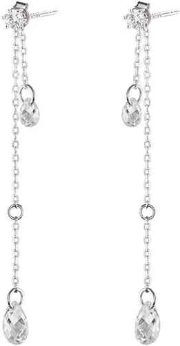 SLUYNZ Solid 925 Sterling Silver CZ Droplet Dangle Earrings Chain for Women Teens Teardrop Wedding Dangling Earrings Tassel Sparkling CZ Studs Chain