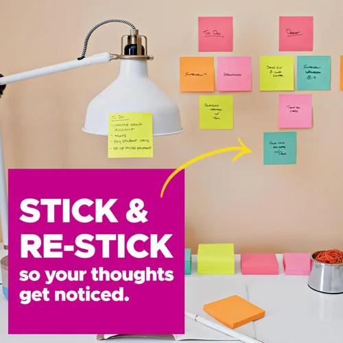 Vista 4 de Post-it Notas súper adhesivas, 3 x 3 pulgadas, 6 blocs, 2 veces el poder de adherencia, colección Energy Boost, colores brillantes
