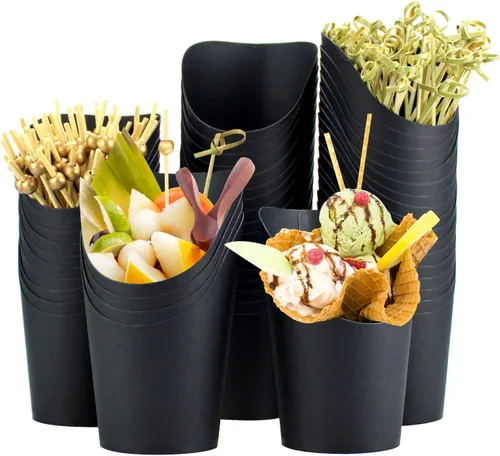 QPEY [50 tazas + 100 púas de 14 onzas líquidas de embutidos negros con palillos de cóctel, soporte para papas fritas, conos de papas fritas, vasos