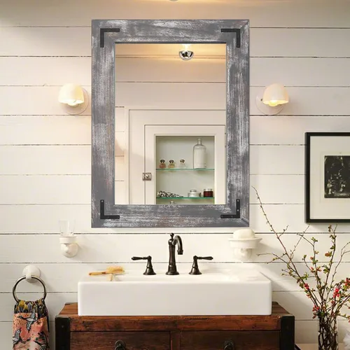 Vista 9 de YOSHOOT Espejo de pared con marco de madera rústica, espejo de tocador de baño de madera natural para decoración de granja, colgante vertical u Negro