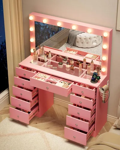 Vista 8 de Otterease Tocador de maquillaje rosa, 11 cajones con espejo y 12 luces LED, escritorio de maquillaje con 3 modos de iluminación de brillo ajustable