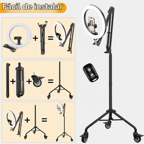 Vista 7 de LUXSURE Trípode de luz de anillo para iPhone, anillo de luz con soporte y soporte para teléfono, soporte de cámara LED con ruedas, trípode