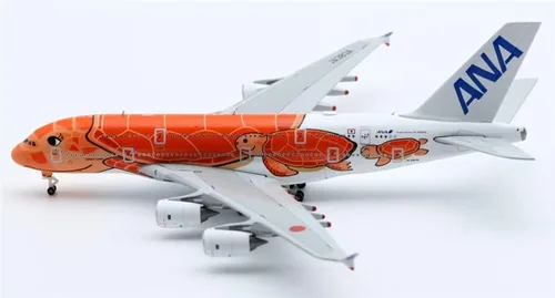 Vista 3 de JC Wings ANA Kala Airbus A380 JA383A Tortuga Naranja 1:500 DIECAST modelo de avión preconstruido