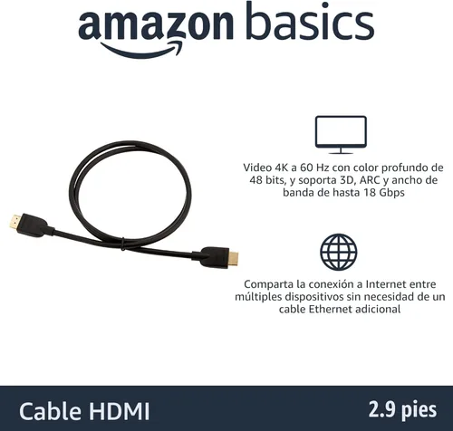 Vista 2 de Amazon Basics Cable HDMI, 3 pies, 4K@60Hz, cable HDMI 2.0 4K de alta velocidad (18 Gbps), 2160p, 48 bits, compatible con TV/PS5/Xbox/Roku, negro