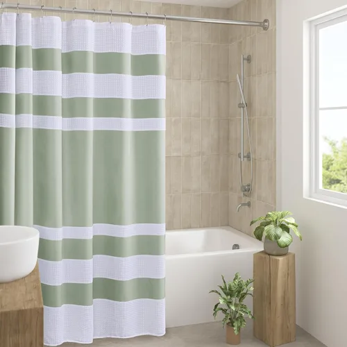 Vista 30 de Cortina Madison Park Spa Waffle de ducha con tela combinada y tratamiento 3M Scotchgard para control de humedad, decoración moderna para el baño