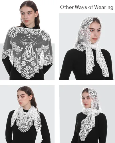 Vista 5 de Bozidol Velo de encaje católico español Virgen María bordado iglesia Mantilla capilla bufanda de oración con pinzas para el cabello