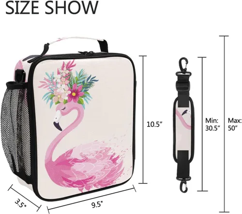 Vista 6 de ALAZA Lonchera con diseño de flores de flamenco para niñas y niños, bolsa de almuerzo reutilizable, kit de bolsa de almuerzo congelable, correa