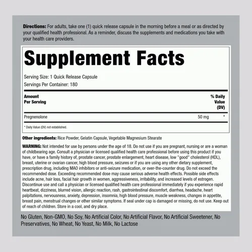 Vista 2 de Piping Rock Pregnenolone 50 mg 180 Cápsulas Suplemento de apoyo hormonal Sin OMG, sin gluten