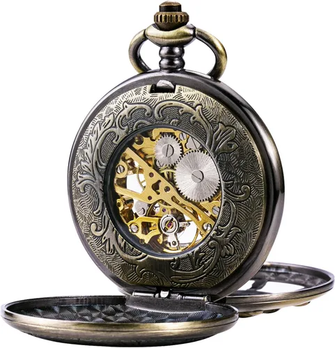 Vista 4 de TREEWETO Reloj de bolsillo con doble cubierta de bronce con números romanos para hombre y mujer