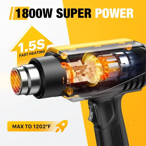 Vista 2 de Seekone Pistola de calor de 1800 W Diseño compacto Pistola de aire caliente resistente Control de temperatura variable de 122 ℉-1202 ℉ (50 ℃- 650 ℃)