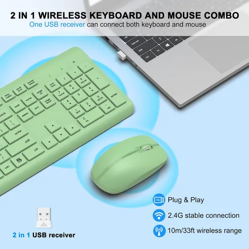 Vista 2 de Combo de teclado y mouse inalámbricos, teclado ergonómico silencioso de tamaño completo y mouse óptico, batería de larga duración, teclado de mouse