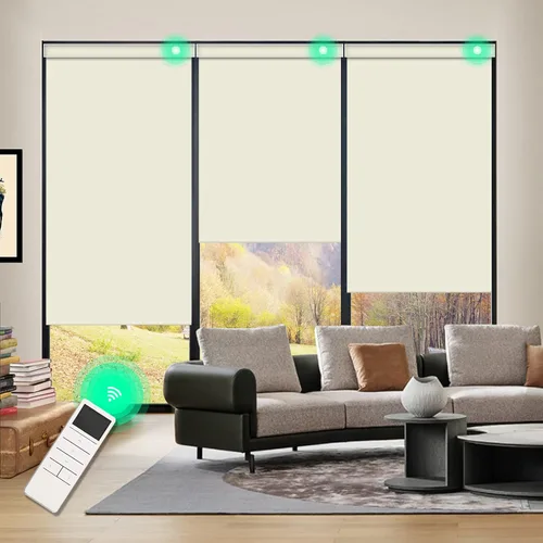 Vista 15 de Persianas enrollables opacas automáticas con cenefa, diseño inalámbrico verde manzana, persianas motorizadas recargables con cenefa de metal a