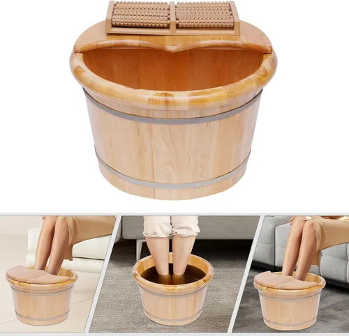 Vista 6 de AngelcityCC Tina de pie de madera con masajeador y tapa, juego de lavabo de madera maciza hecho a mano para remojar los pies, cuidado del spa