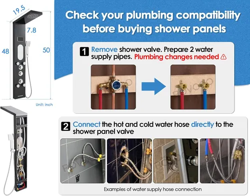 Vista 7 de ROVOGO Sistema de Torre de Panel de Ducha LED con Cabezal de Ducha de Lluvia con Niebla, Chorros Corporales, Ducha de Mano y Caño de Bañera, Luces
