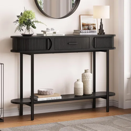 ONBRILL Mesa consola acanalada de 47 pulgadas con cajones, mesa de entrada con almacenamiento, mesas de sofá ovaladas detrás del sofá, mesas de Negro