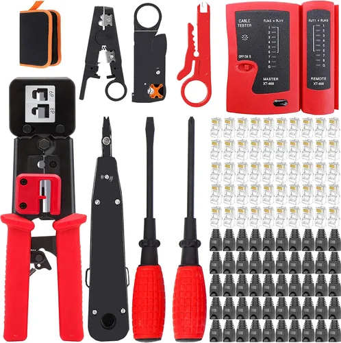 Vista 9 de LEATBUY - Kit de crimpadora RJ45 CAT5 CAT6, juego de herramientas de crimpado para paso con 50 conectores de engarzado, 50 piezas, kit de pelacables